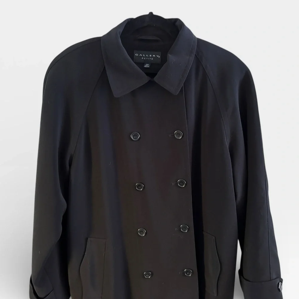 Vintage Gallery Long Black Classic Double Breasted Capsule Trench Coat Size 16P - Picture 8 of 11
